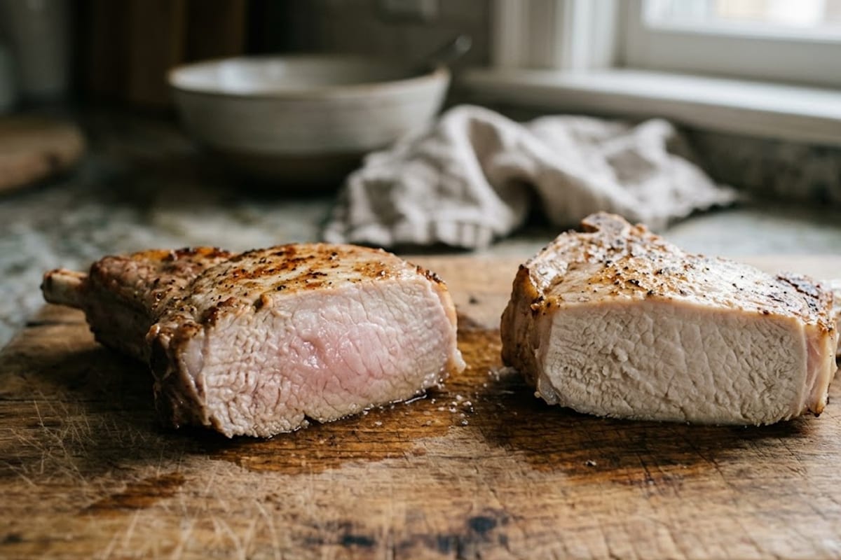 A chop cooked to 145°F beside one cooked to 160°F