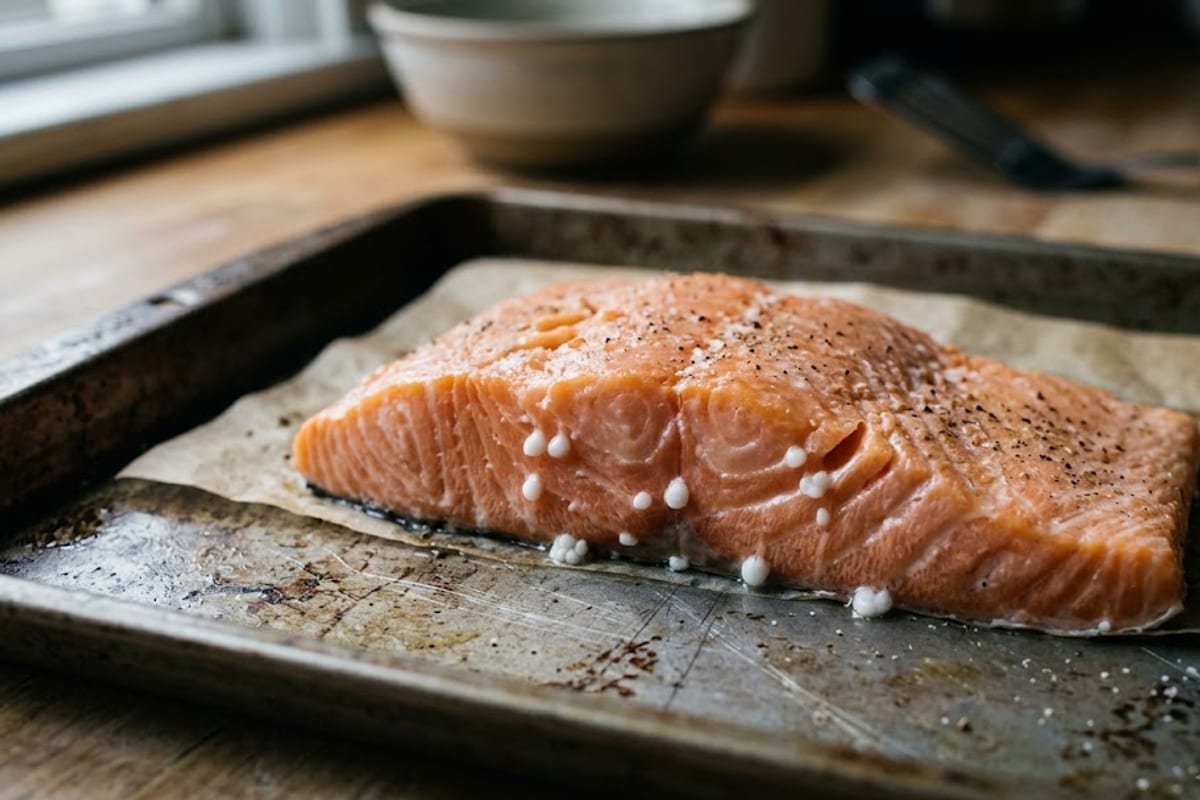 White albumin seeping from salmon that has gone past done