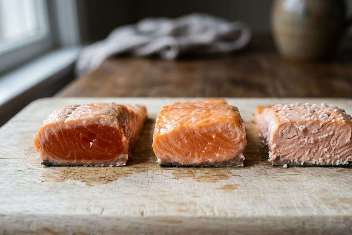 Undercooked, just done and overcooked salmon cut open side by side