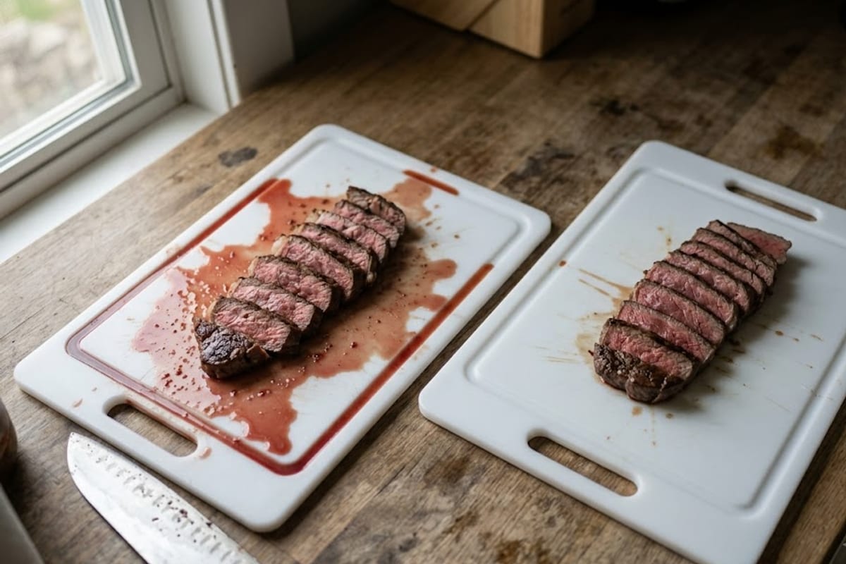 A steak sliced straight away beside one sliced after resting