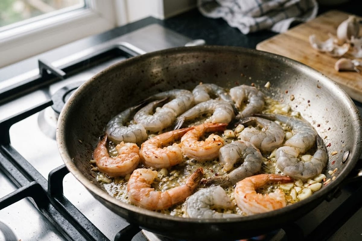 Shrimp turn opaque from the pan side up, the signal to flip
