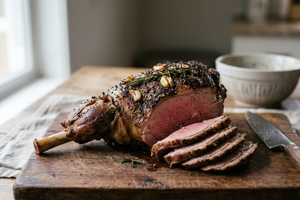 A roast leg of lamb, pinker at the thick end than at the shank
