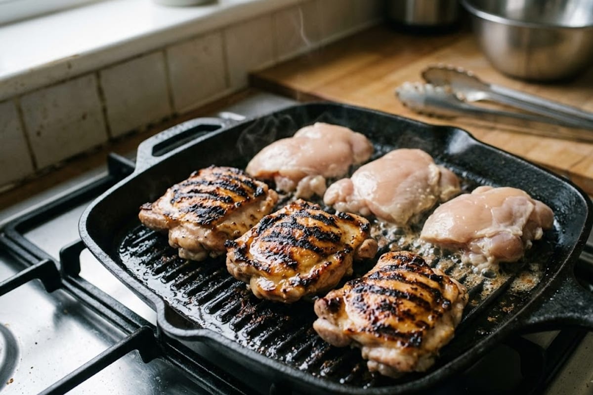 Boneless thighs on a grill pan, turned when the underside is charred