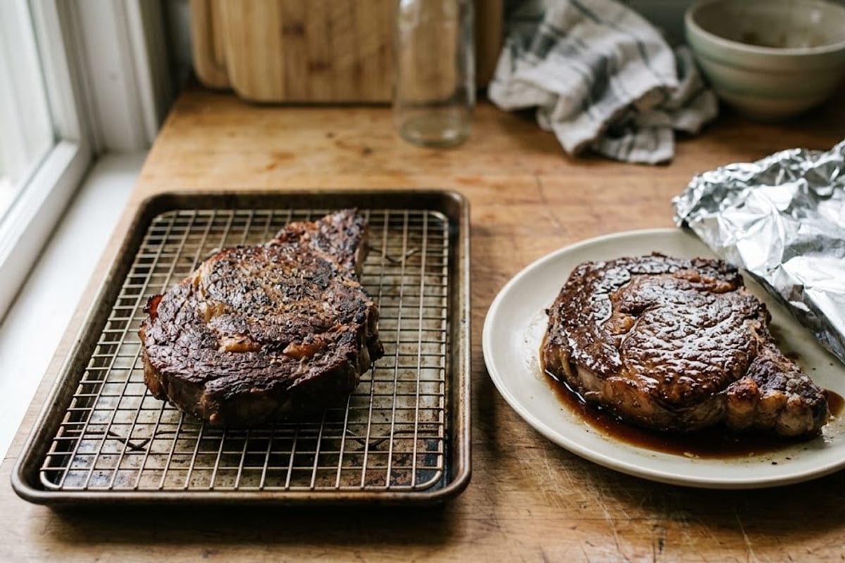 A steak rested on a rack beside one rested under foil on a plate