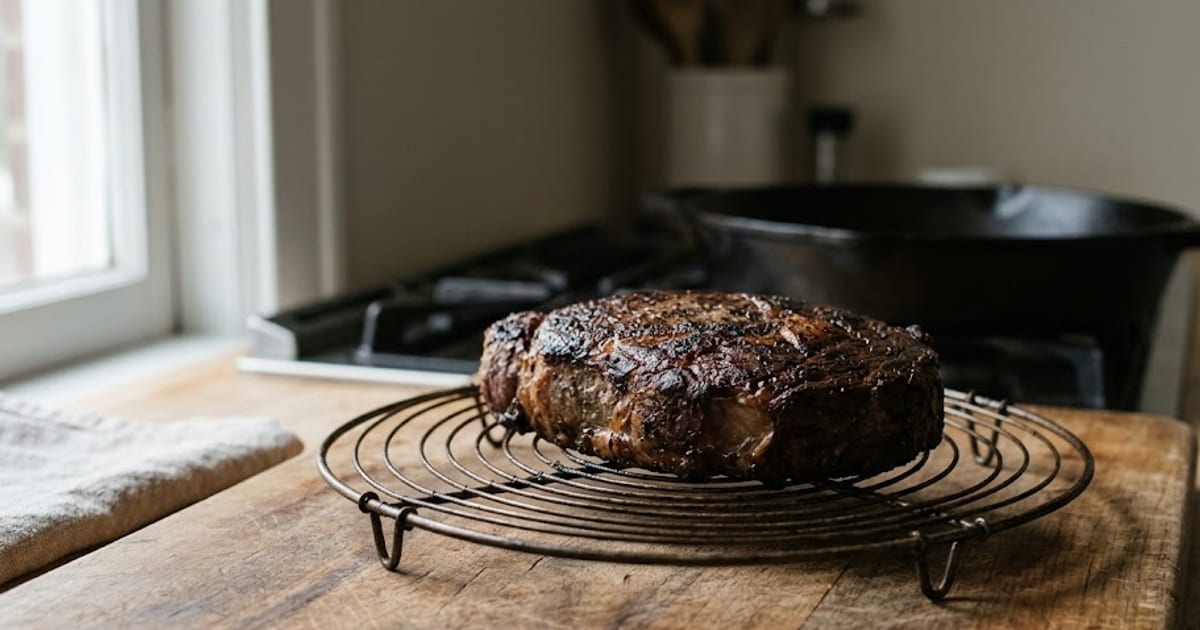 A thick steak resting uncovered on a wire rack