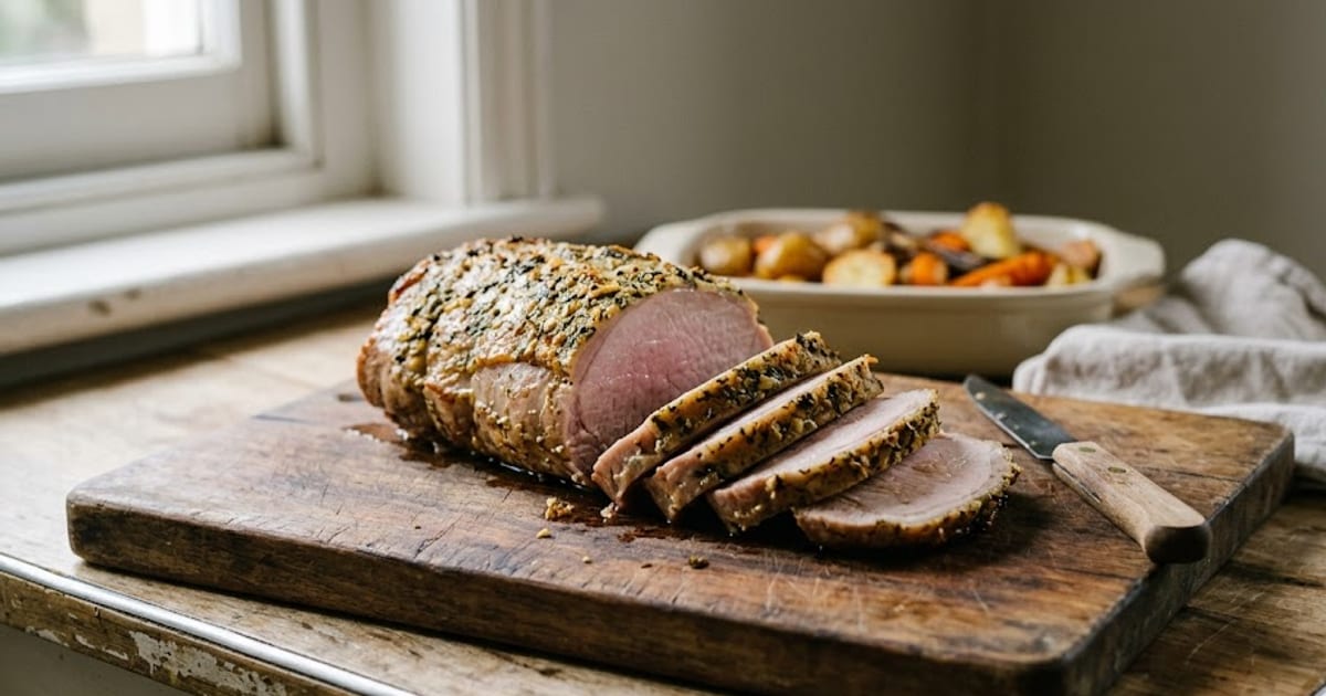 A sliced pork loin roast with a faint pink centre