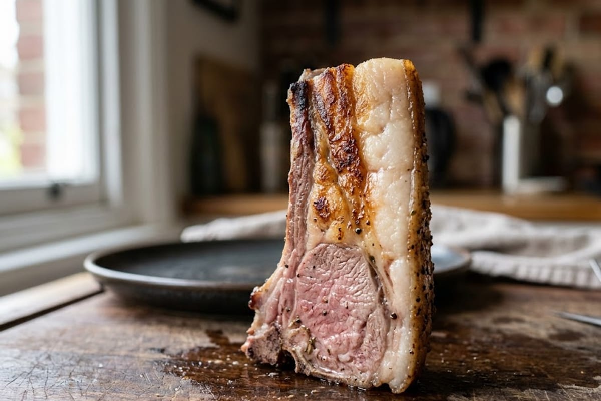A lamb fat cap, rendered on one side and not the other