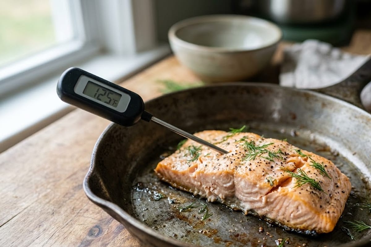 A thermometer in the thickest part of the fillet reading 125°F