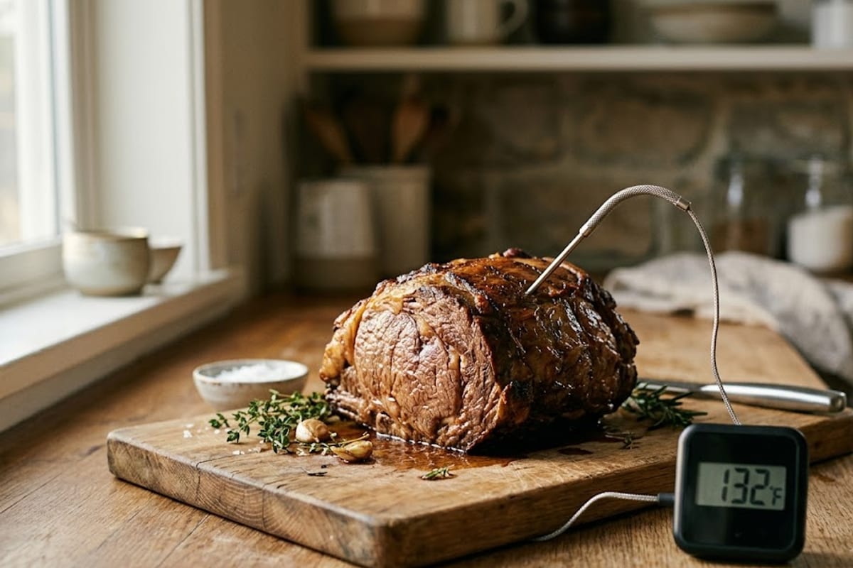 A leave-in probe showing the roast still climbing as it rests