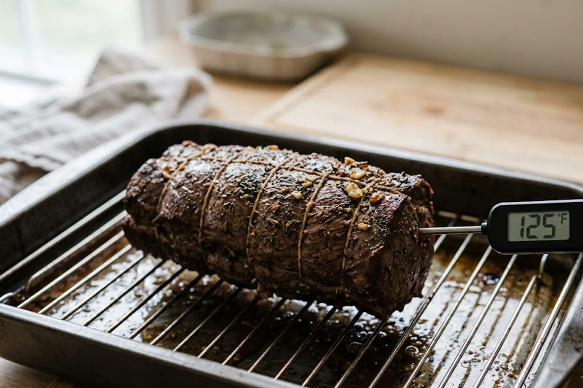 The thickest part of the roast reading 125°F