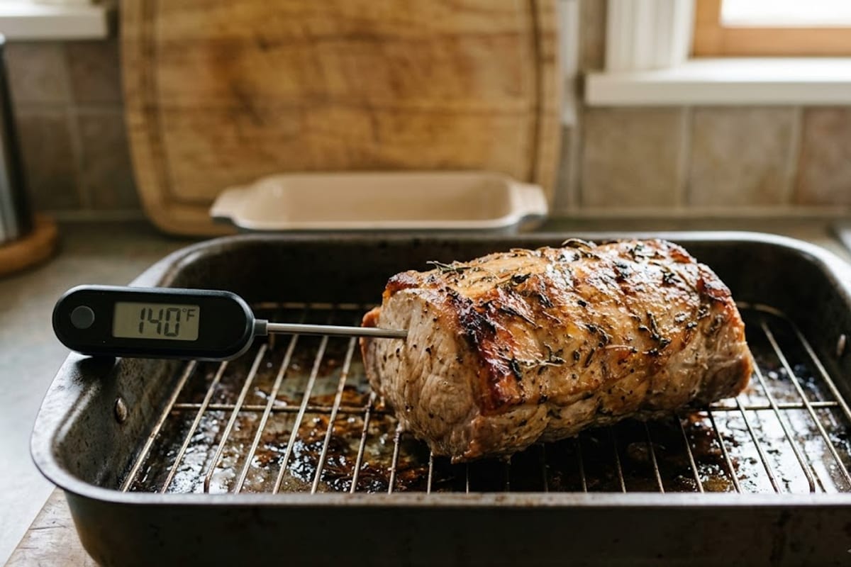 A pork loin roast reading 140°F, ready to come out