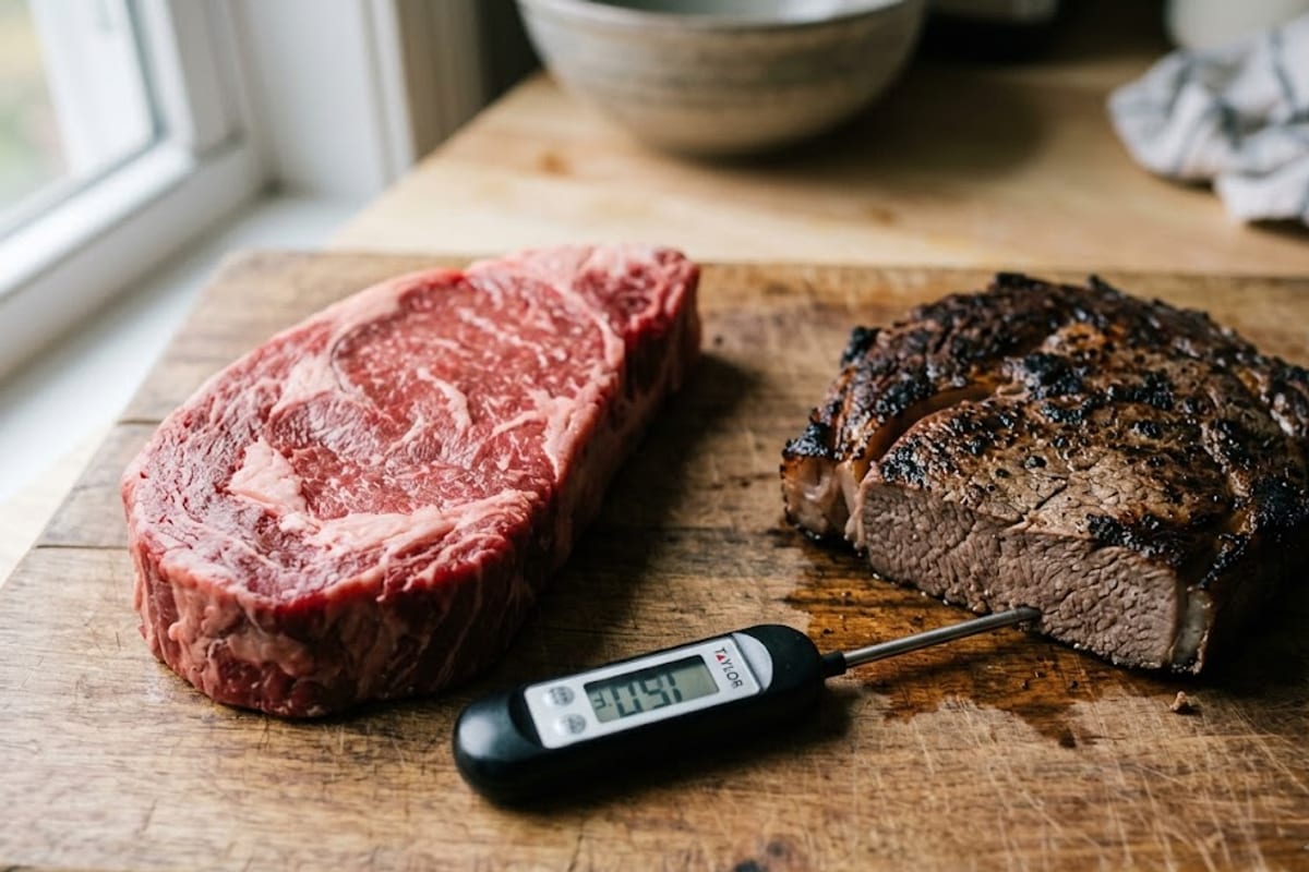 Well done shrinks and tightens compared with the raw steak