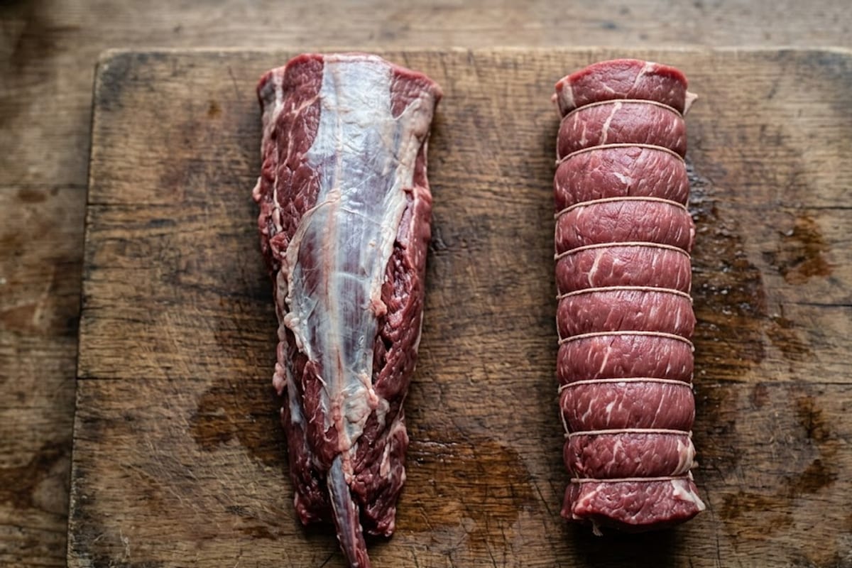 A whole tenderloin before and after trimming, folding and tying