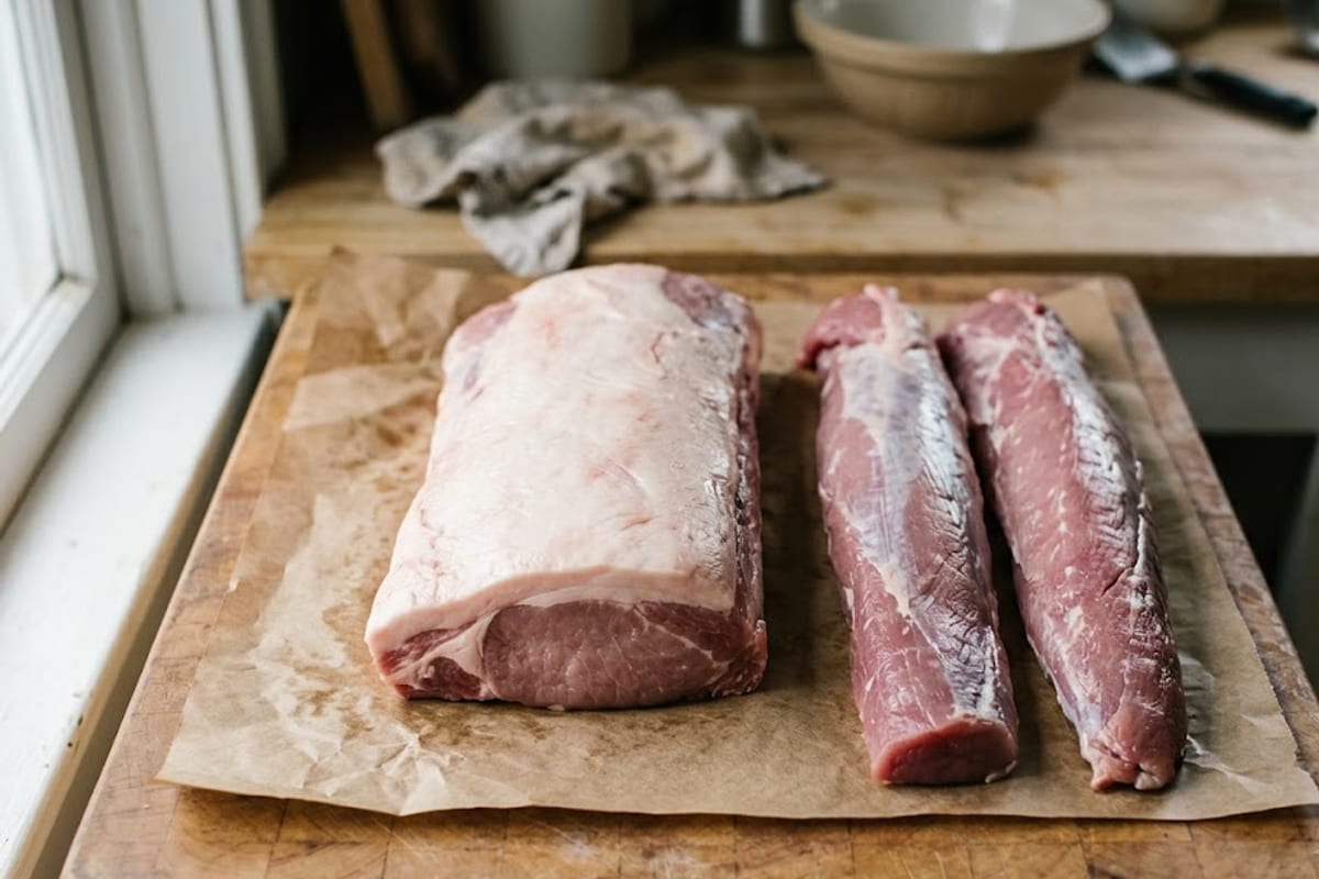A pork loin roast beside two pork tenderloins