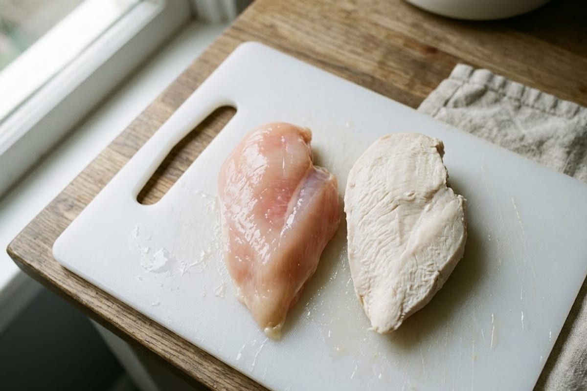 An undercooked breast and a cooked breast cut open