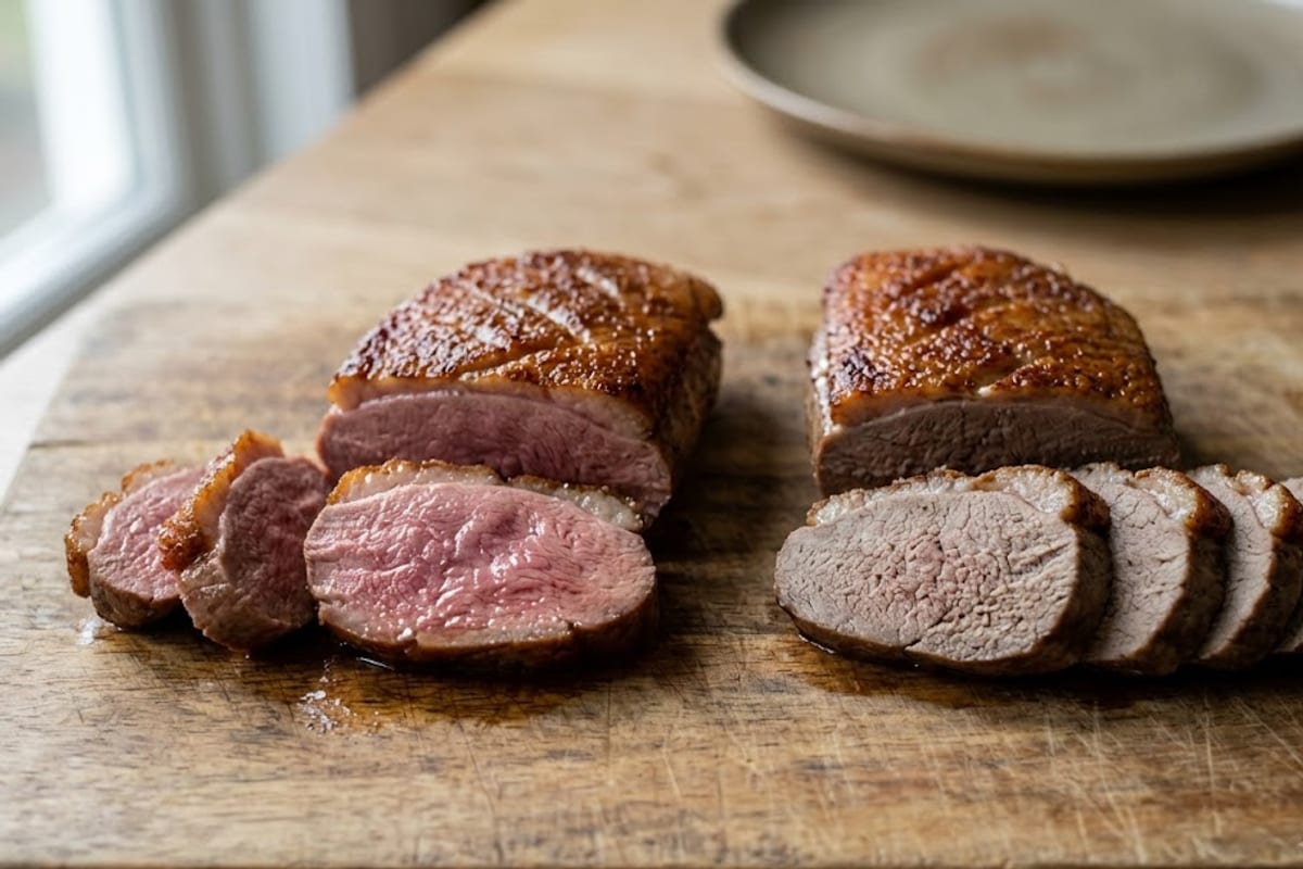 A duck breast cooked pink beside one cooked to 165°F