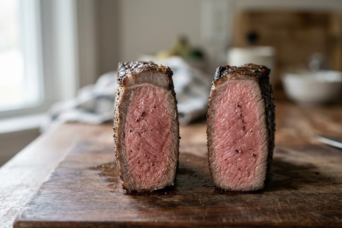 A thick grey band from a hot pan beside an even pink from a low oven start