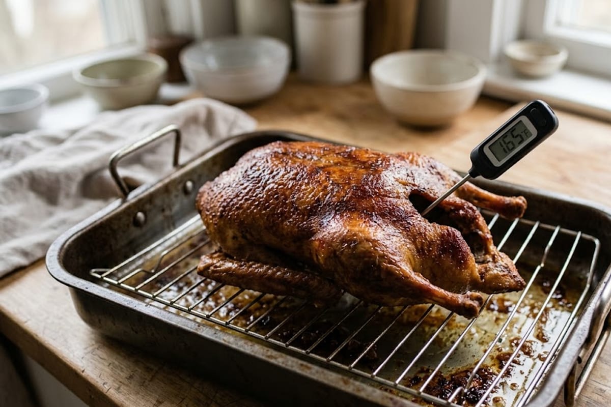 A whole roast duck checked in the innermost thigh