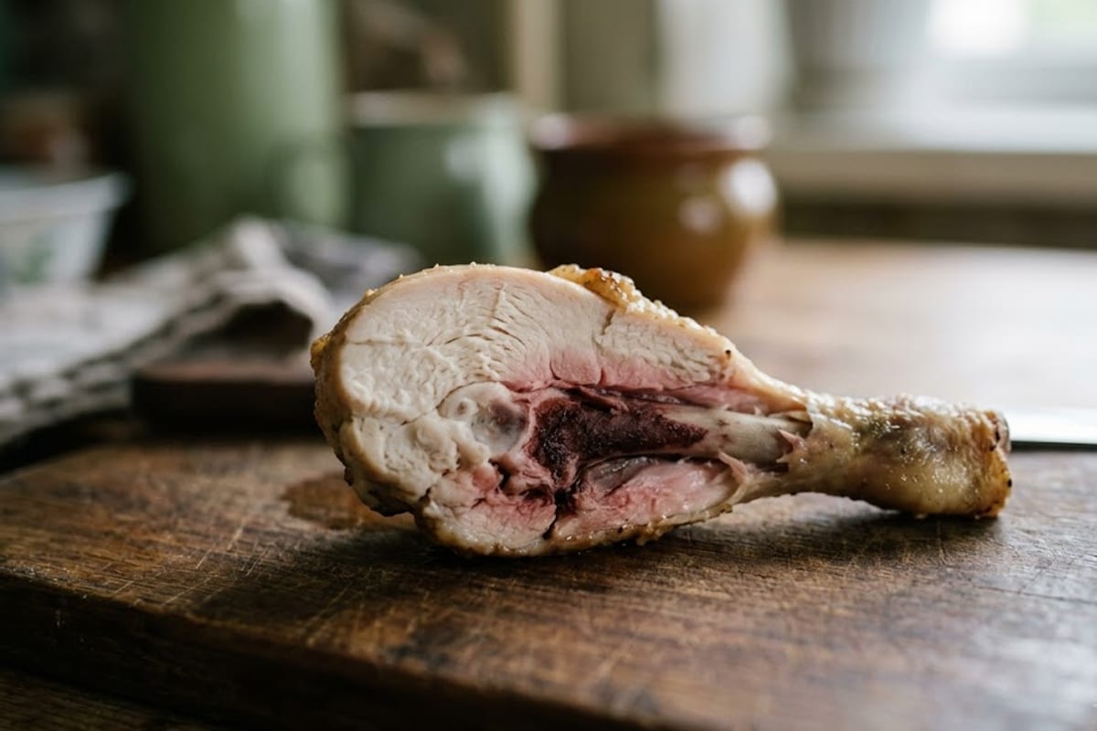 Pink next to the bone in a fully cooked drumstick
